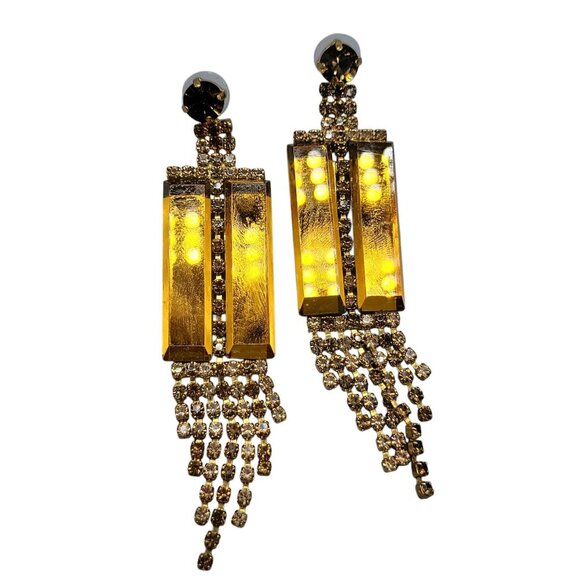 Matte Dangling Tassel Chandelier Earrings Runway Geometric Design Vtg Gold-Tone - Picture 9 of 16